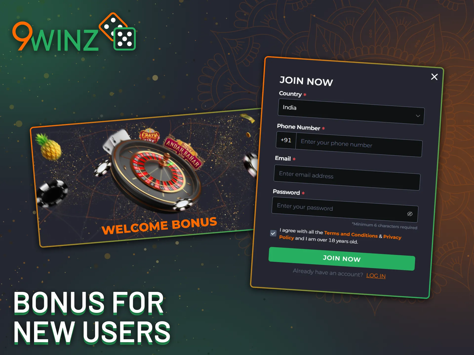 Get a welcome bonus when registering on the 9Winz platform in India.