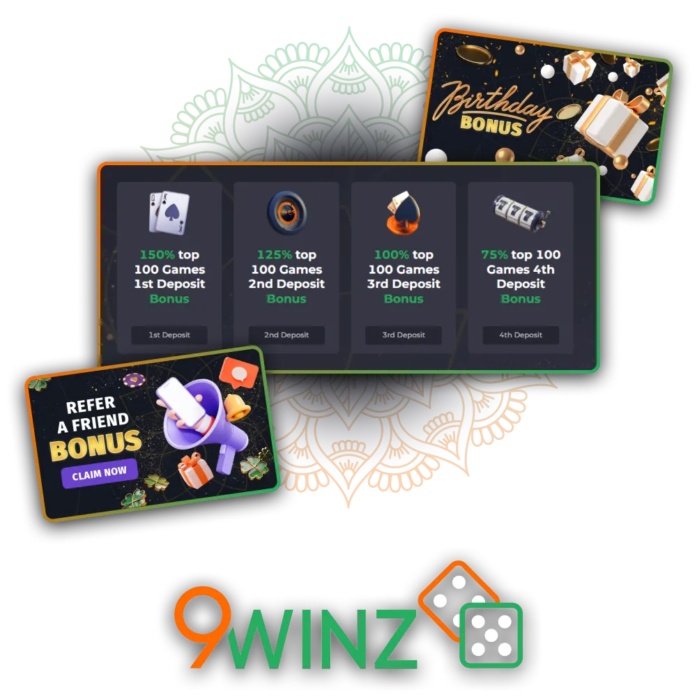 9Winz website provides various bonus offers for active players.