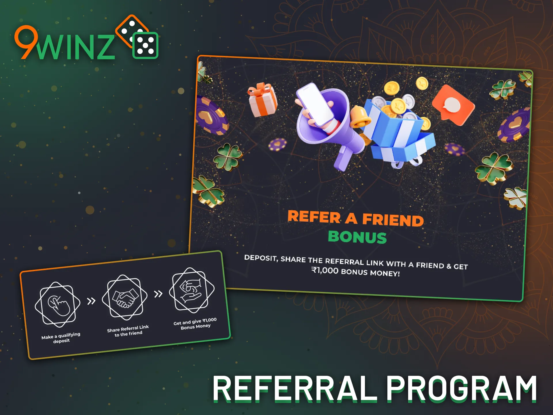 Invite friends and earn rewards with the 9Winz platform referral program in India.