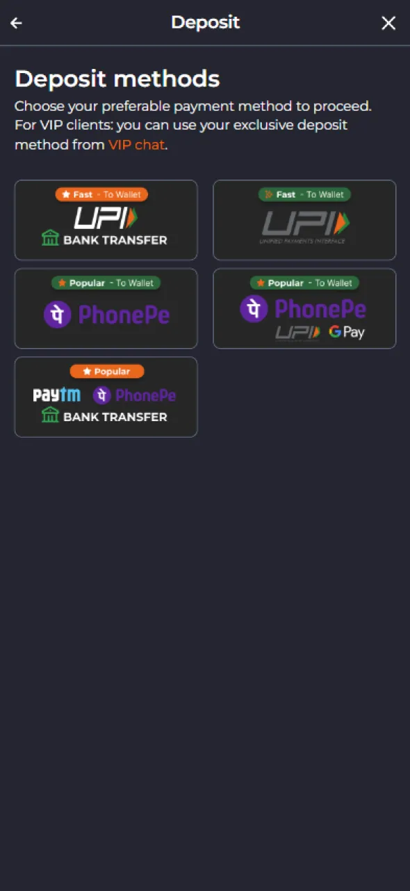 Select a suitable deposit option on the 9Winz website in India.