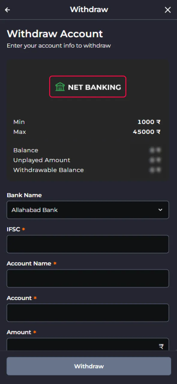 Choose the best withdrawal option available on the 9Winz website in India.