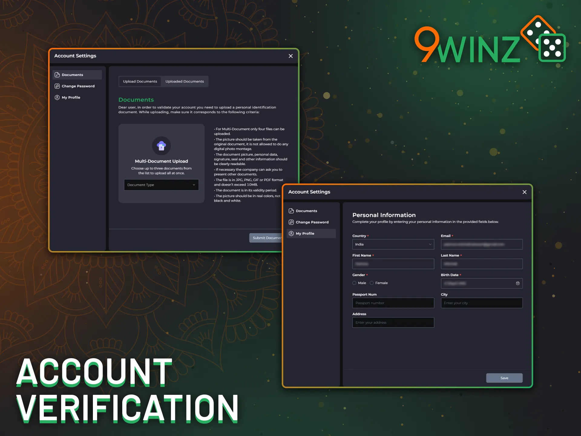 Secure your account by completing the verification process on the 9Winz website in India.