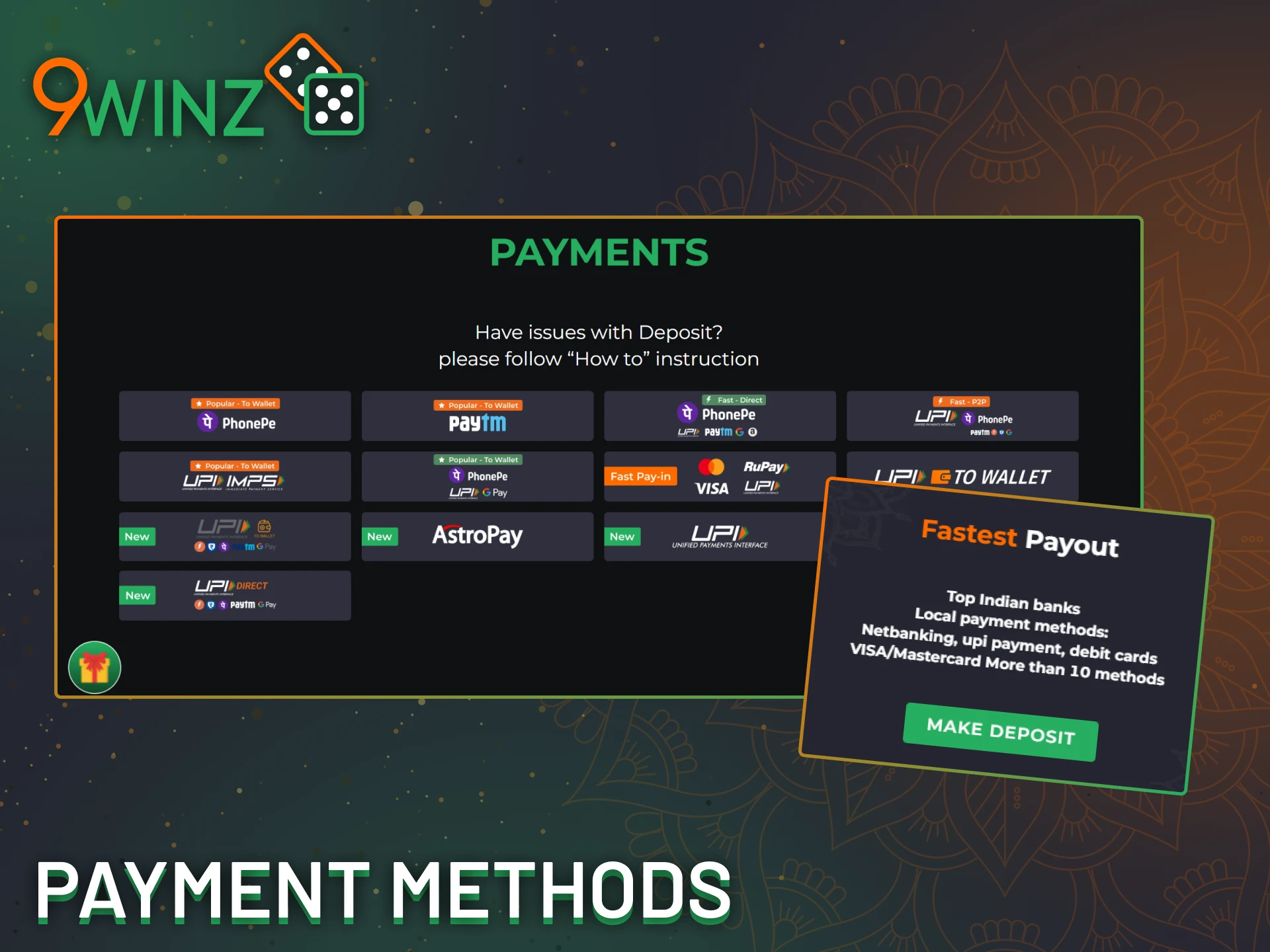Choose a fast and efficient payment method at 9Winz.